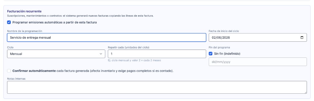 Programación de facturación recurrente automática